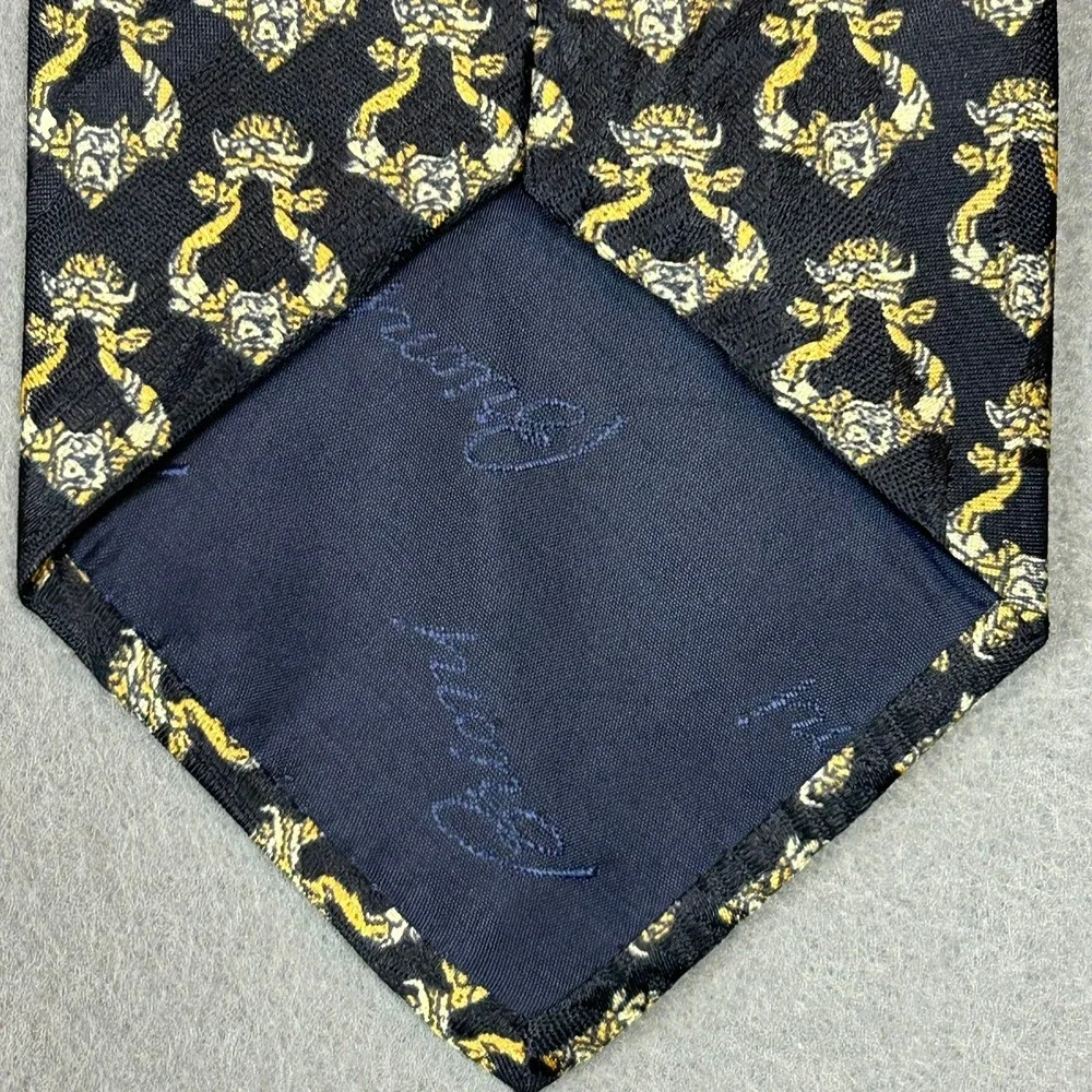Brioni Necktie Silk Ornate Crest Pattern Mens OS Black Gold